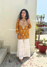 Pari Mul Cotton Short Chikankari Kurti - Mustard